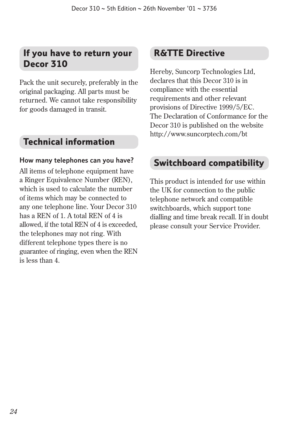 Technical information, Switchboard compatibility, R&tte directive | If you have to return your decor 310 | BT 310 User Manual | Page 25 / 28