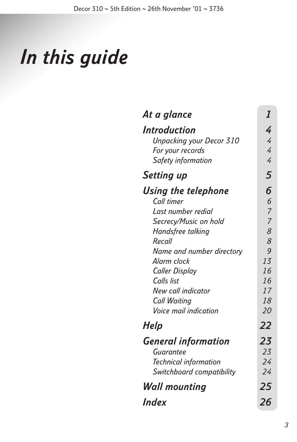 At a glance 1 introduction 4, Setting up 5 using the telephone 6, Help 22 general information 23 | Wall mounting 25 index 26 | BT 310 User Manual | Page 4 / 28