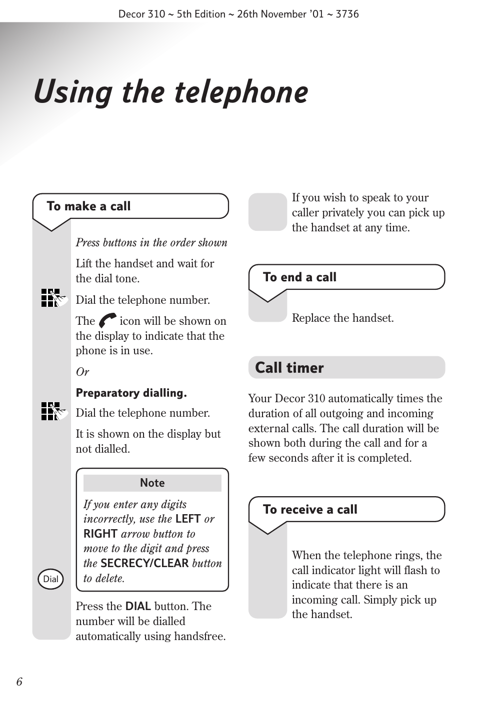 Using the telephone, Call timer | BT 310 User Manual | Page 7 / 28