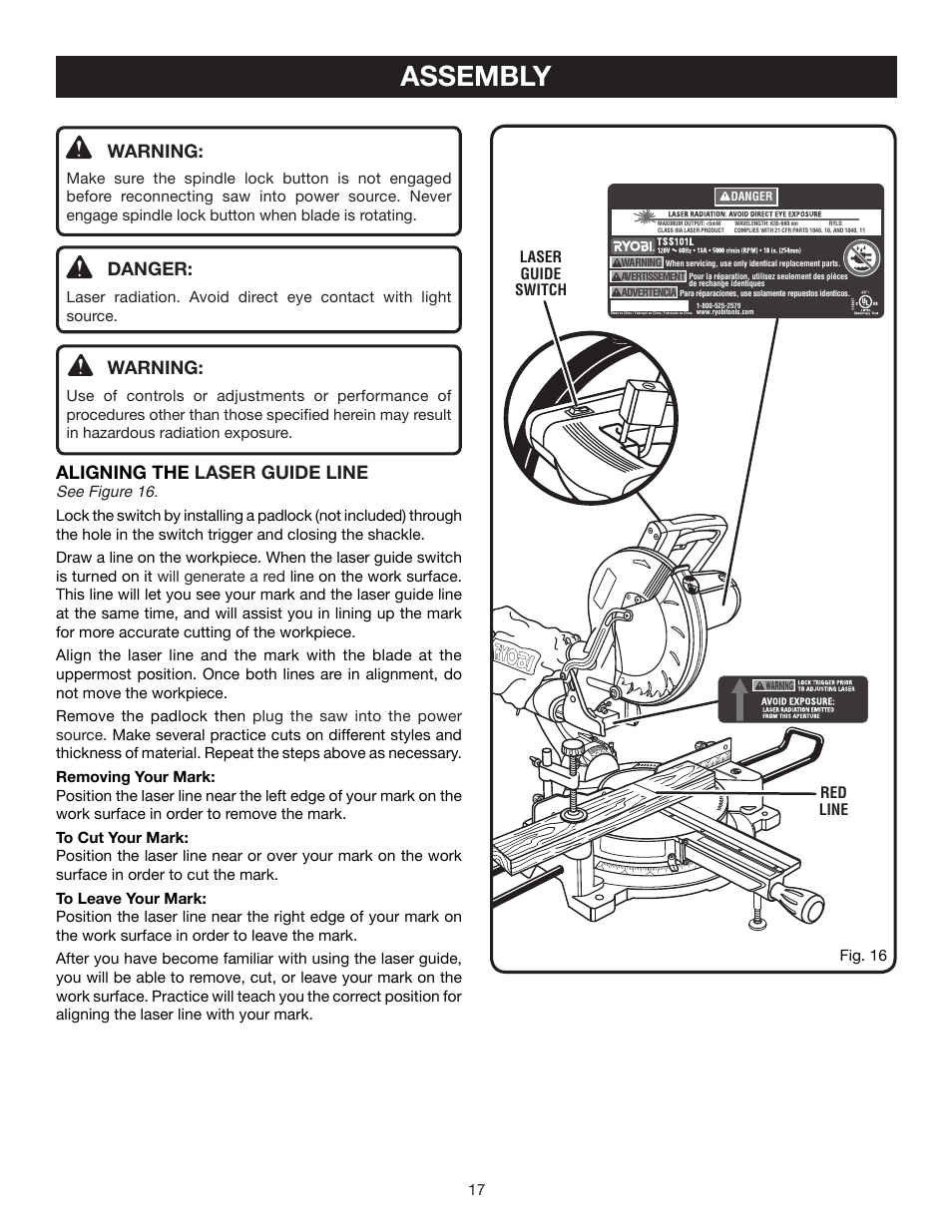 Assembly, Warning, Danger | Aligning the laser guide line | Ryobi TSS101L User Manual | Page 17 / 34
