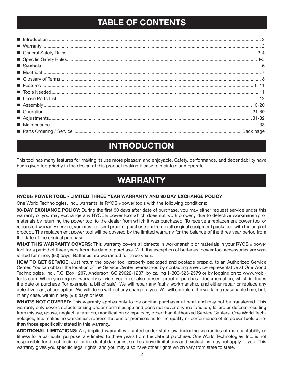 Table of contents introduction, Warranty | Ryobi TSS101L User Manual | Page 2 / 34