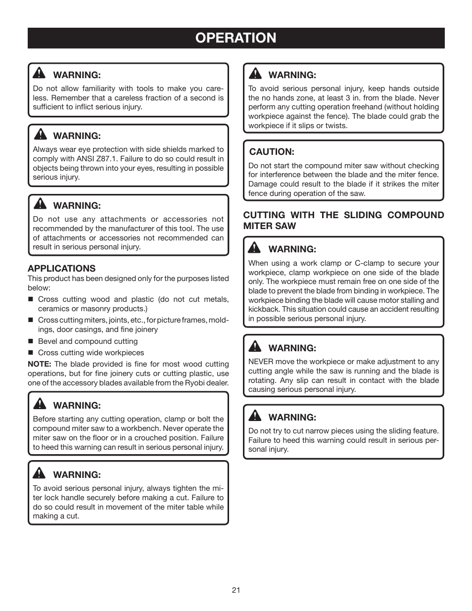 Operation | Ryobi TSS101L User Manual | Page 21 / 34