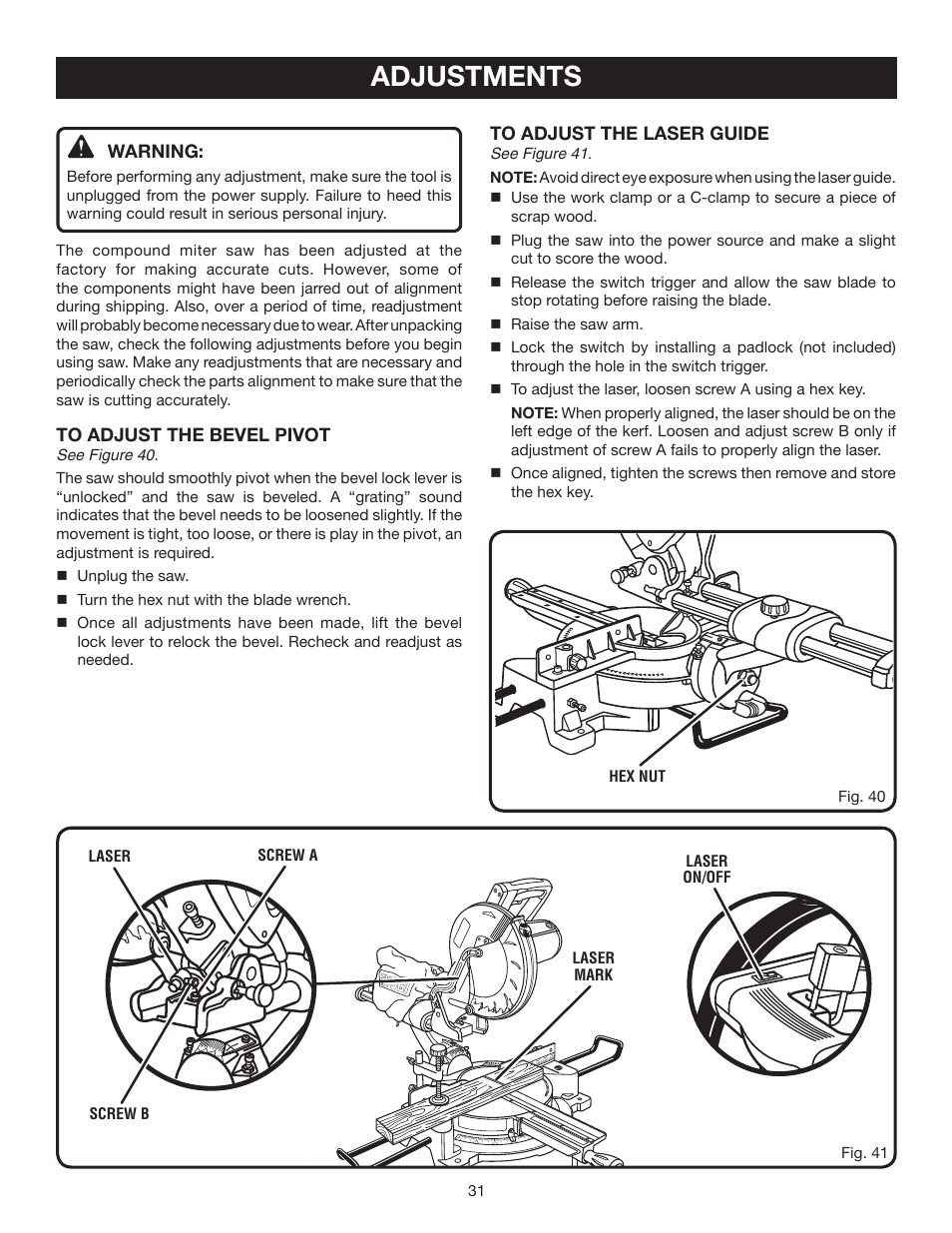 Adjustments | Ryobi TSS101L User Manual | Page 31 / 34