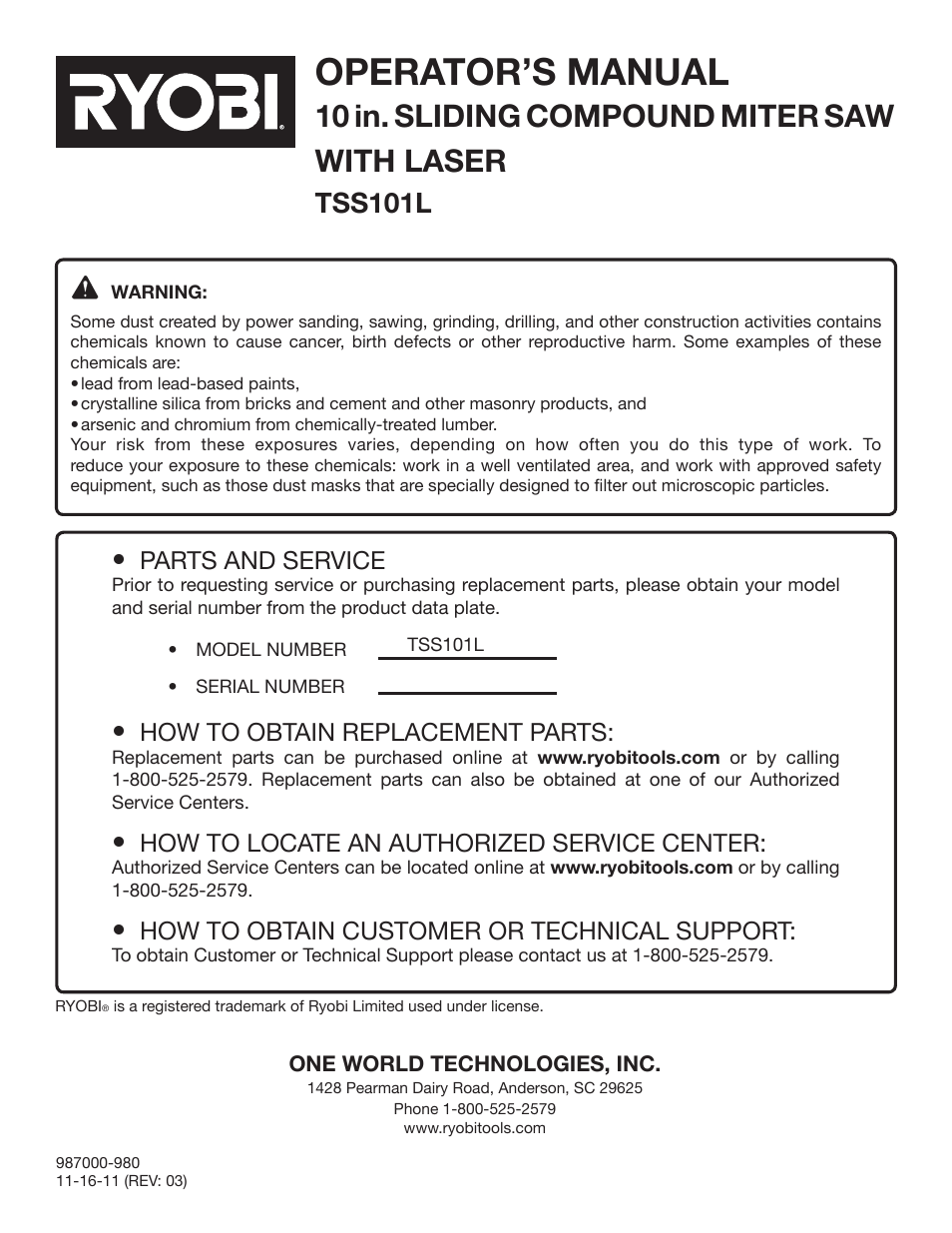 Operator’s manual, 10 in. sliding compound miter saw with laser, Tss101l | Parts and service, How to obtain replacement parts, How to locate an authorized service center, How to obtain customer or technical support | Ryobi TSS101L User Manual | Page 34 / 34