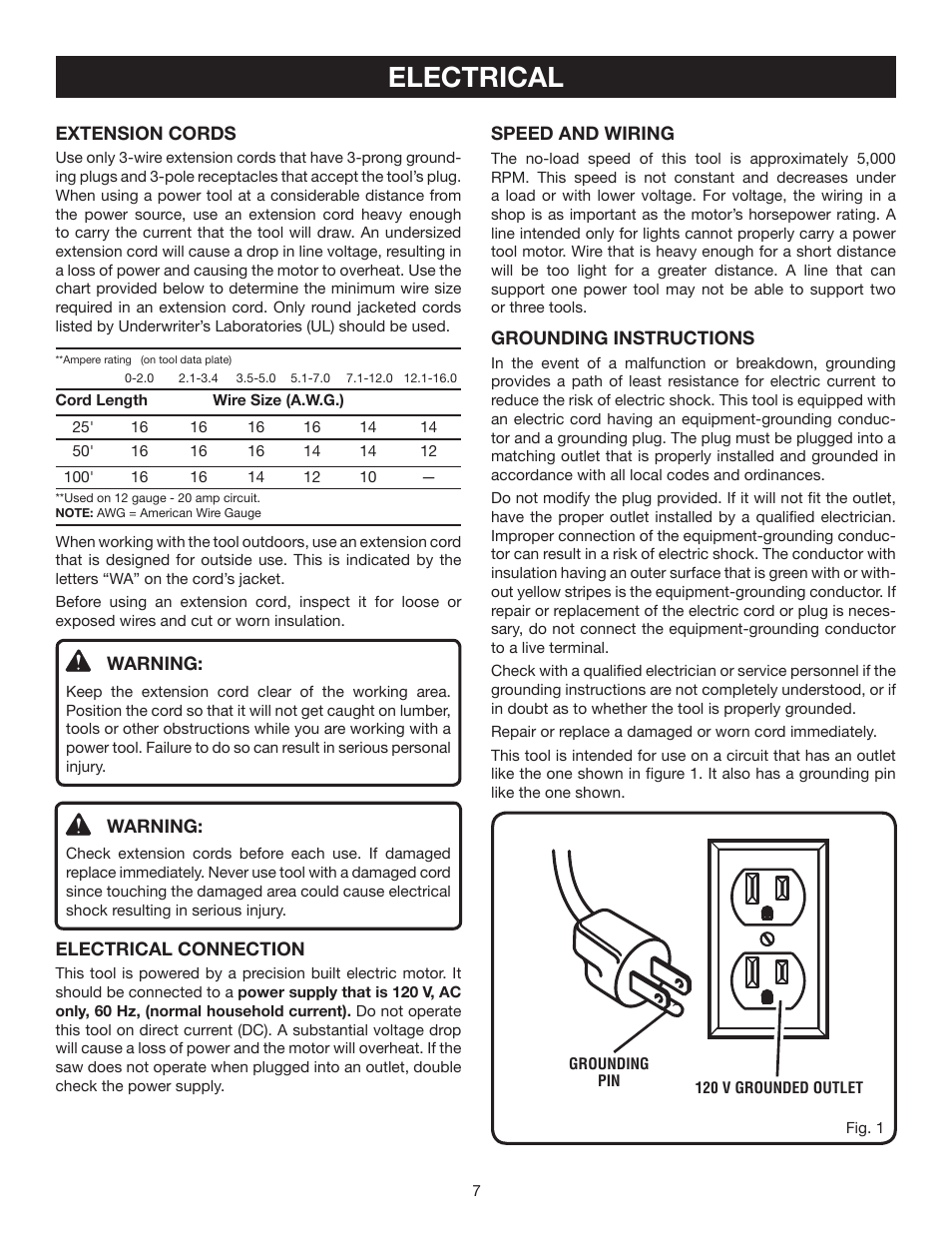 Electrical | Ryobi TSS101L User Manual | Page 7 / 34