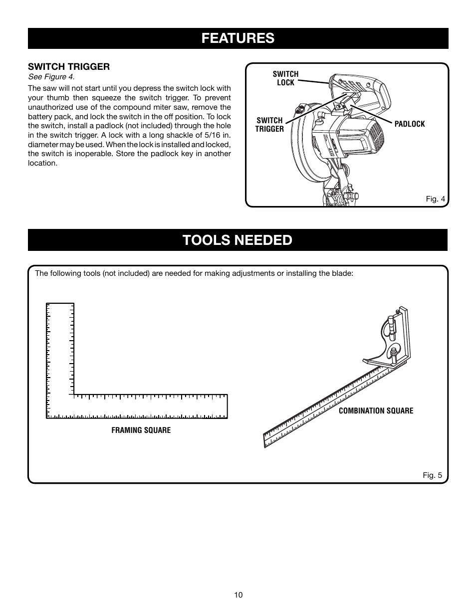 Features, Tools needed, Switch trigger | Ryobi P551 User Manual | Page 10 / 32