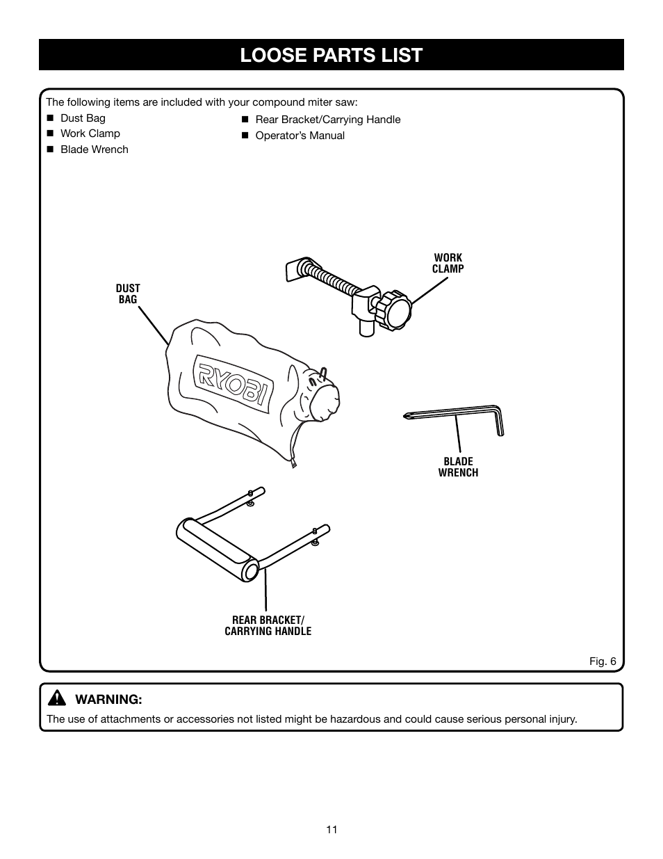 Loose parts list | Ryobi P551 User Manual | Page 11 / 32