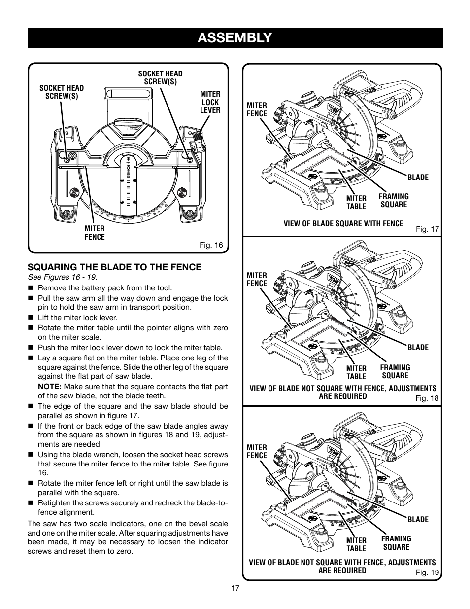 Assembly, Squaring the blade to the fence | Ryobi P551 User Manual | Page 17 / 32