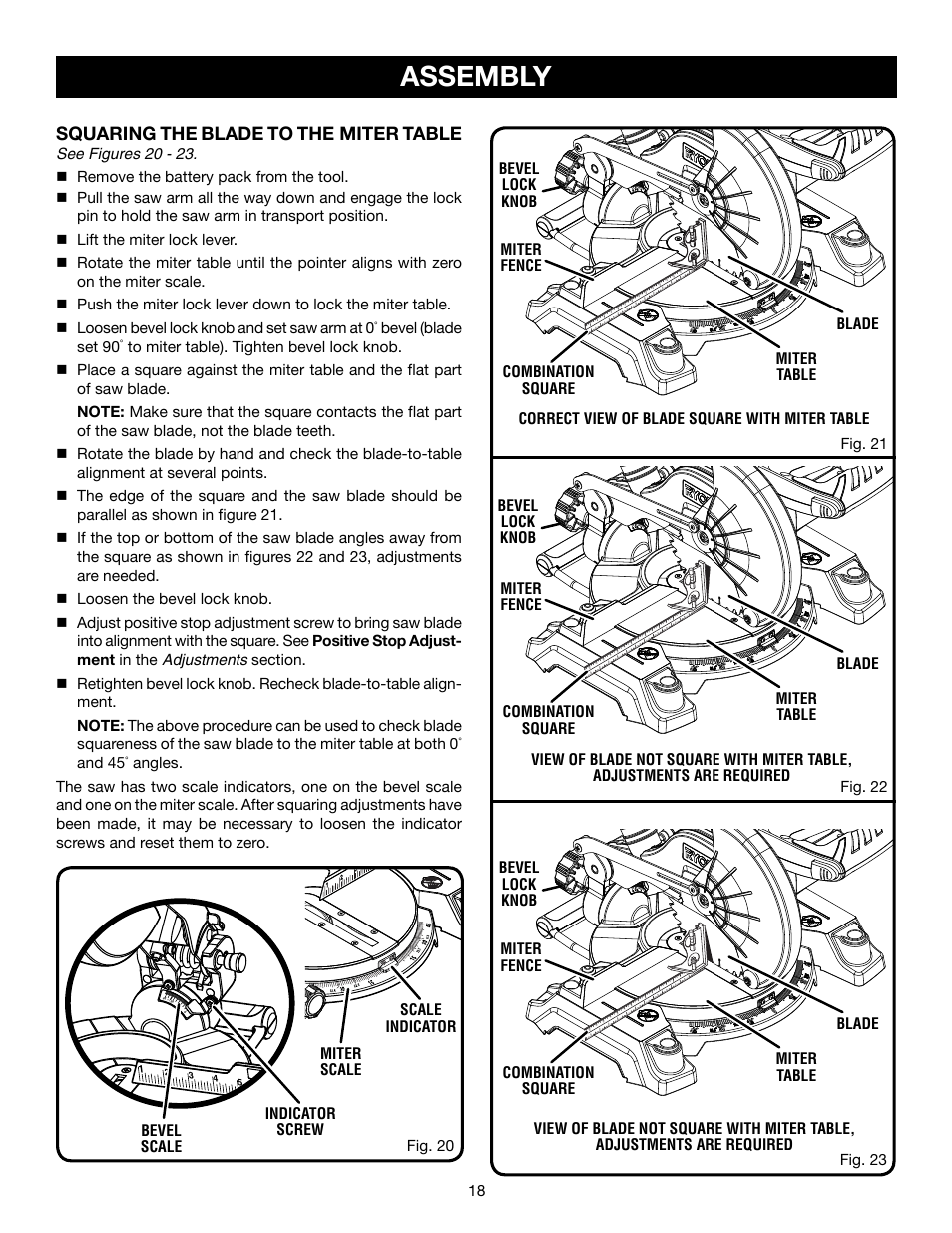 Assembly, Squaring the blade to the miter table | Ryobi P551 User Manual | Page 18 / 32