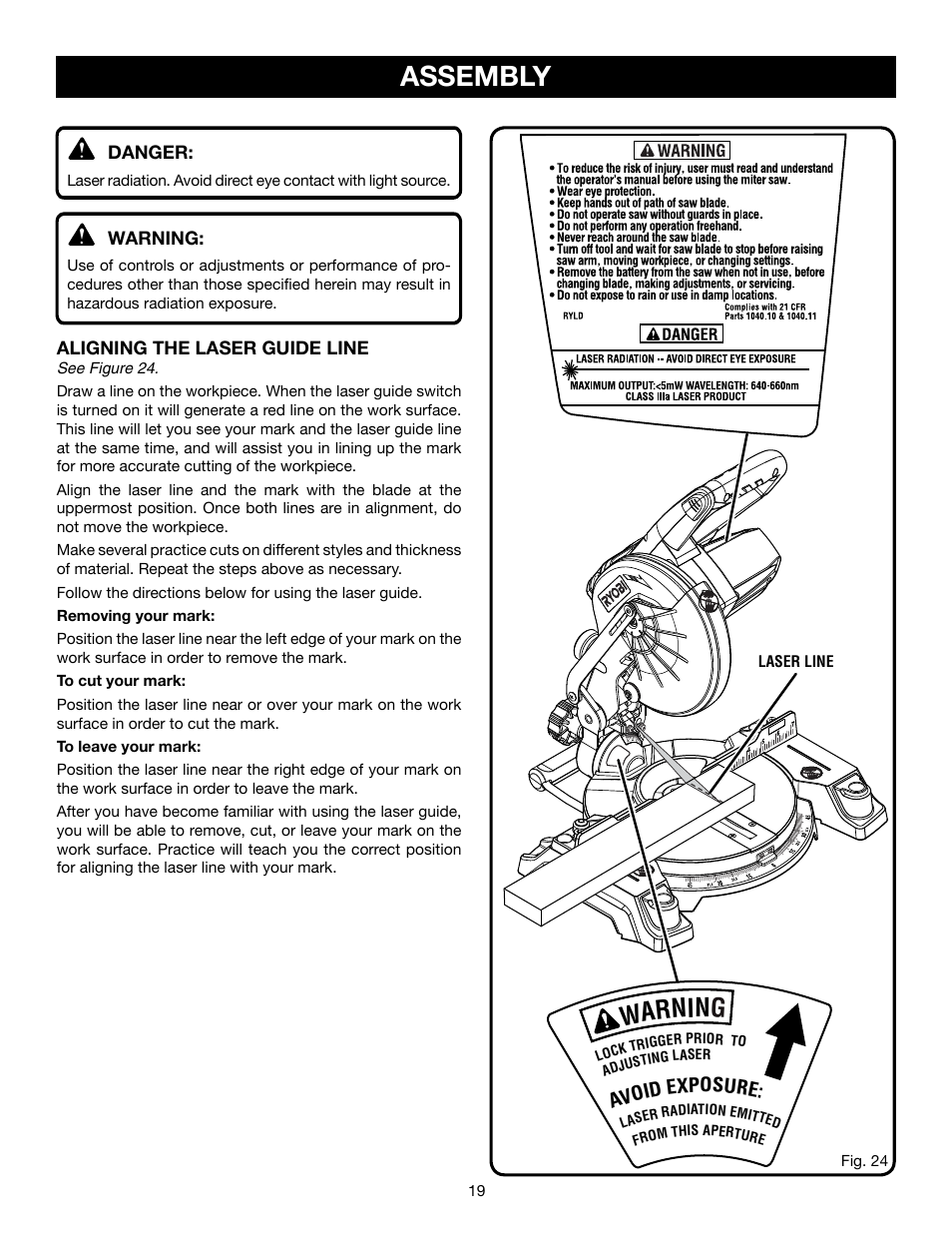Assembly, Warnin g, Avoid exposure | Ryobi P551 User Manual | Page 19 / 32