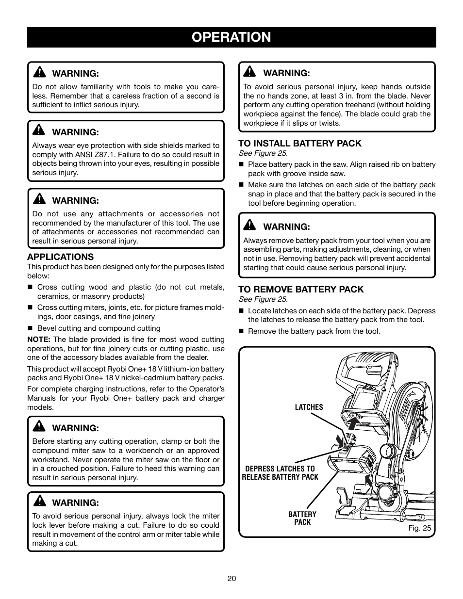 Operation | Ryobi P551 User Manual | Page 20 / 32