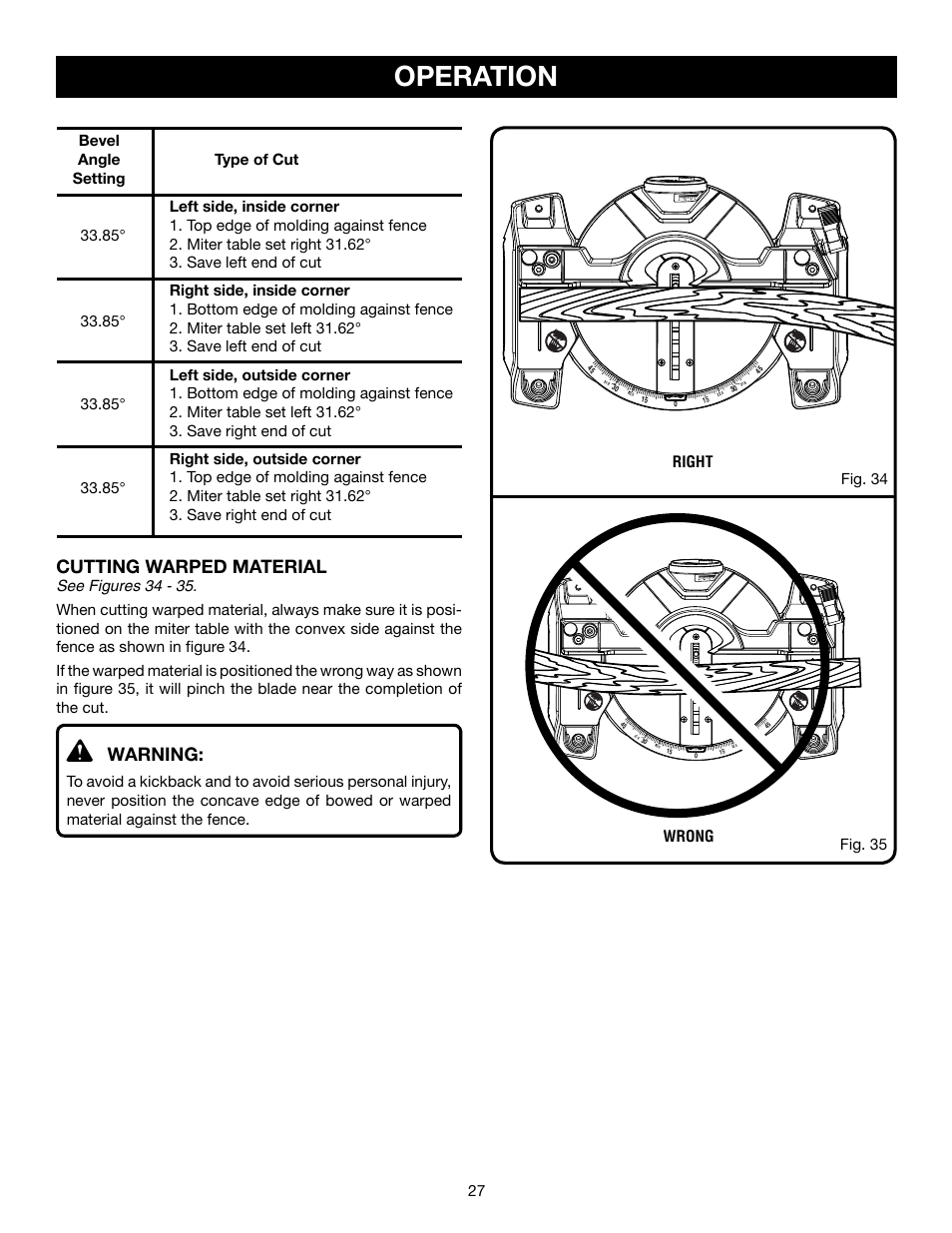 Operation, Cutting warped material, Warning | Ryobi P551 User Manual | Page 27 / 32
