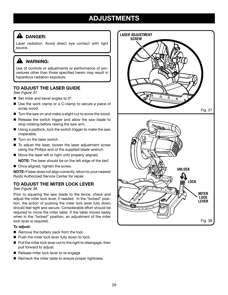 Adjustments, Danger, Warning | Ryobi P551 User Manual | Page 29 / 32