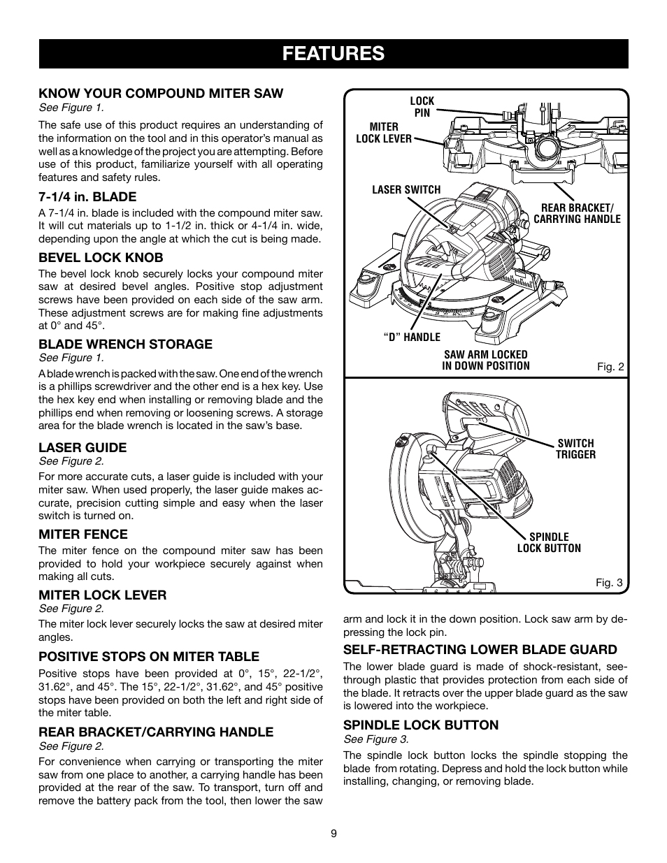 Features, Know your compound miter saw, 1/4 in. blade | Bevel lock knob, Blade wrench storage, Laser guide, Miter fence, Miter lock lever, Positive stops on miter table, Rear bracket/carrying handle | Ryobi P551 User Manual | Page 9 / 32