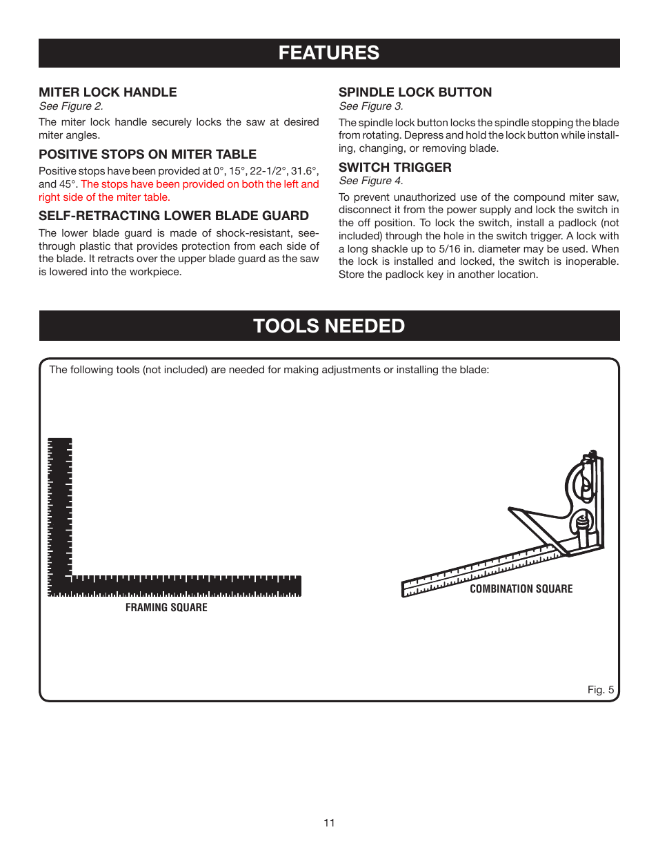 Features, Tools needed | Ryobi TS1344L User Manual | Page 11 / 30