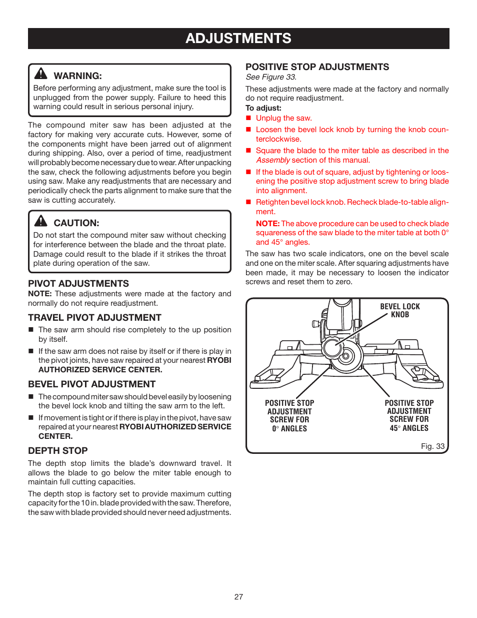 Adjustments | Ryobi TS1344L User Manual | Page 27 / 30