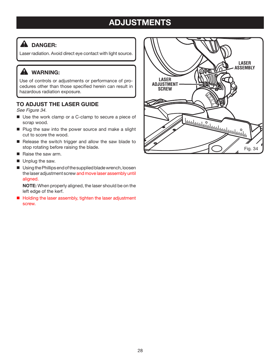 Adjustments | Ryobi TS1344L User Manual | Page 28 / 30