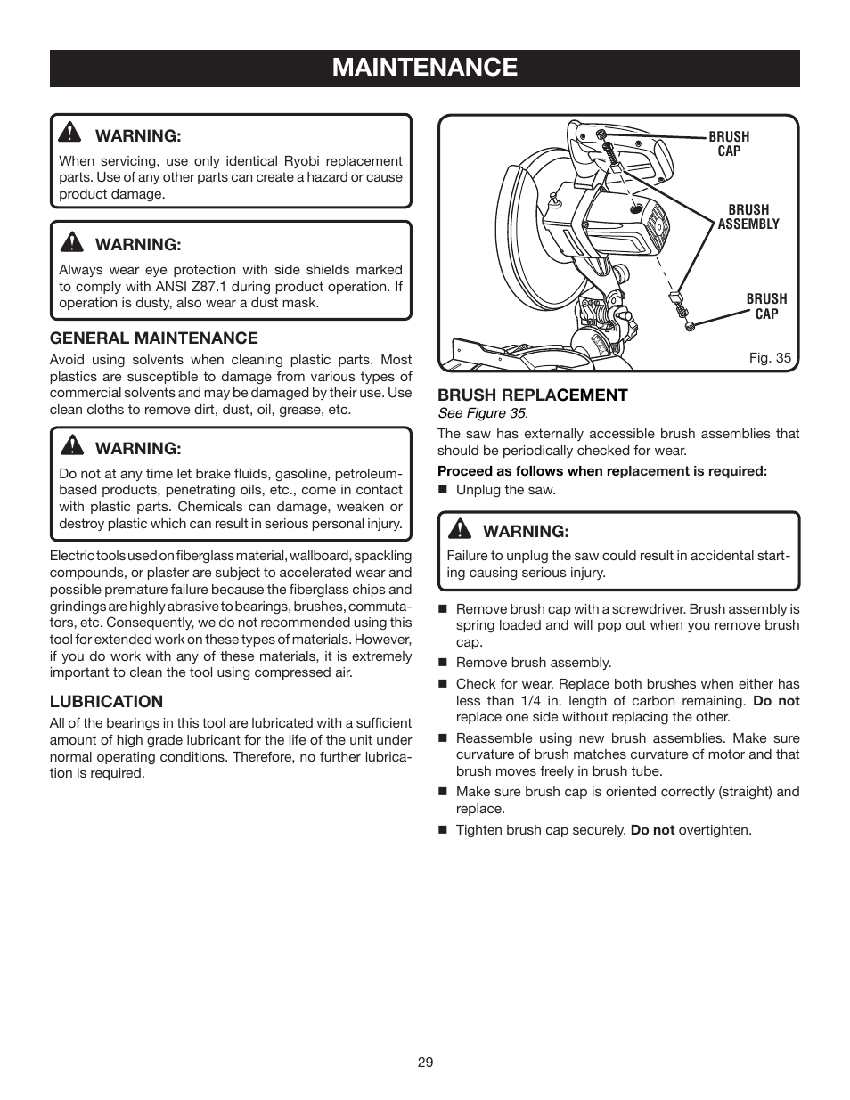 Maintenance | Ryobi TS1344L User Manual | Page 29 / 30