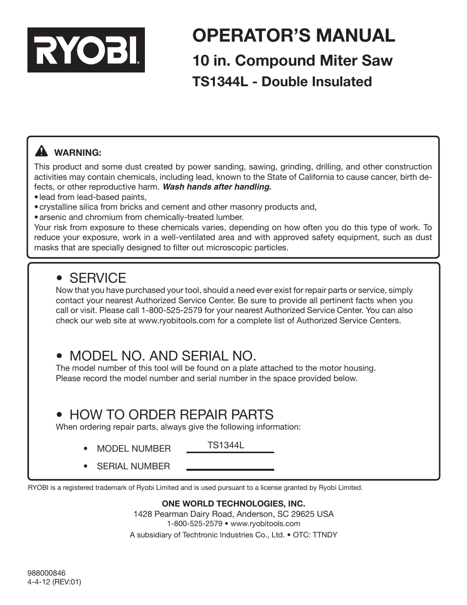 Operator’s manual, 10 in. compound miter saw, Service | Model no. and serial no, How to order repair parts, Ts1344l - double insulated | Ryobi TS1344L User Manual | Page 30 / 30