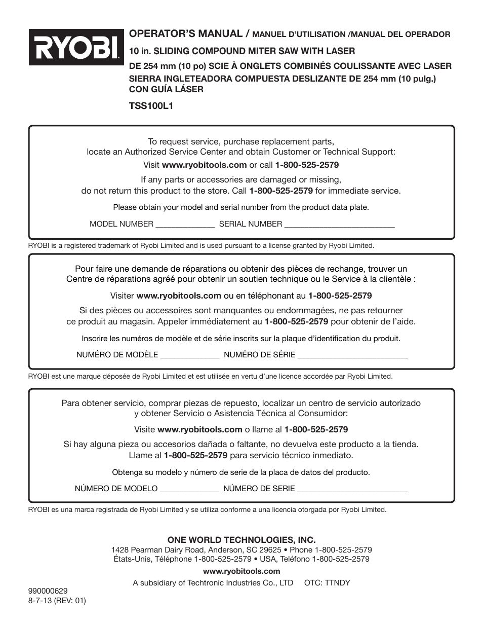 Operator’s manual | Ryobi TSS100L1 User Manual | Page 100 / 100