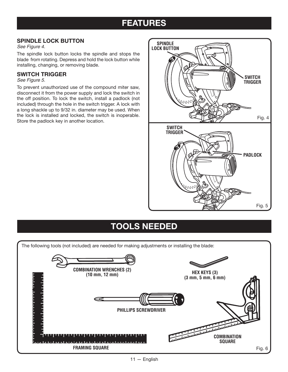 Features, Tools needed | Ryobi TSS100L1 User Manual | Page 11 / 100