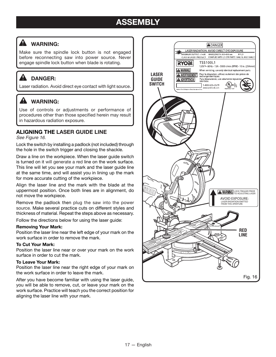 Assembly | Ryobi TSS100L1 User Manual | Page 17 / 100