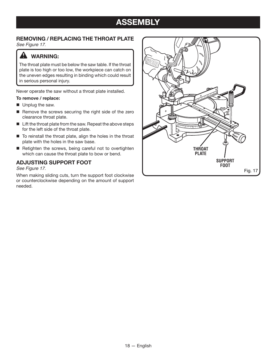 Assembly | Ryobi TSS100L1 User Manual | Page 18 / 100