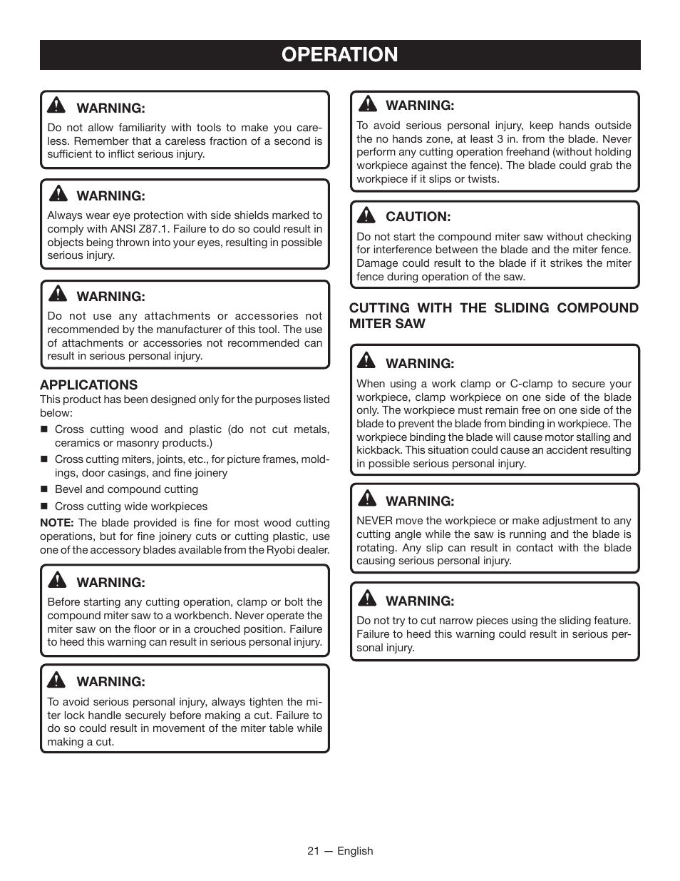 Operation | Ryobi TSS100L1 User Manual | Page 21 / 100