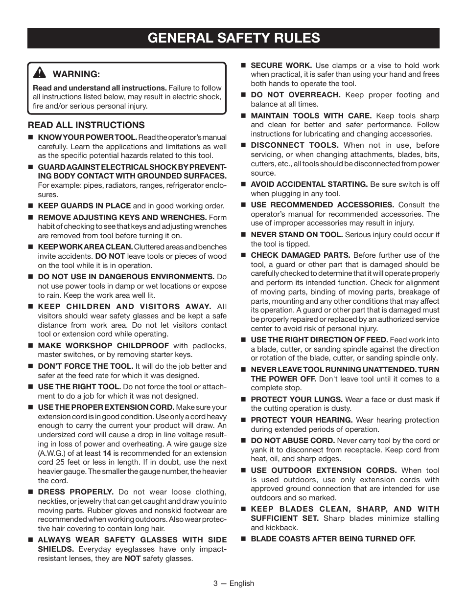 General safety rules | Ryobi TSS100L1 User Manual | Page 3 / 100