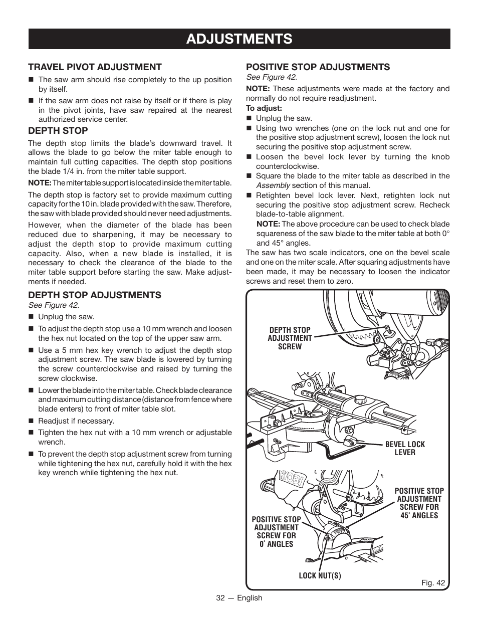 Adjustments | Ryobi TSS100L1 User Manual | Page 32 / 100