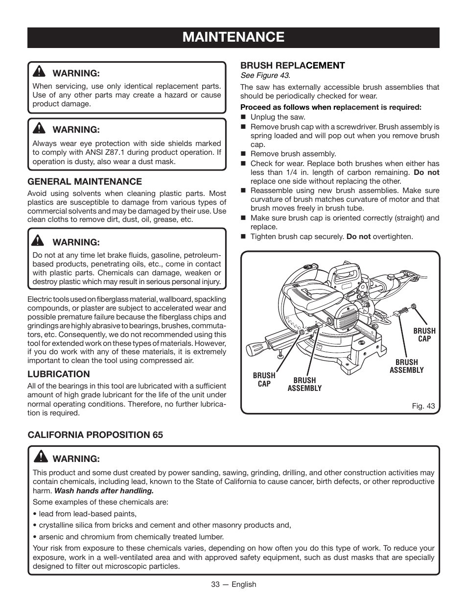 Maintenance | Ryobi TSS100L1 User Manual | Page 33 / 100