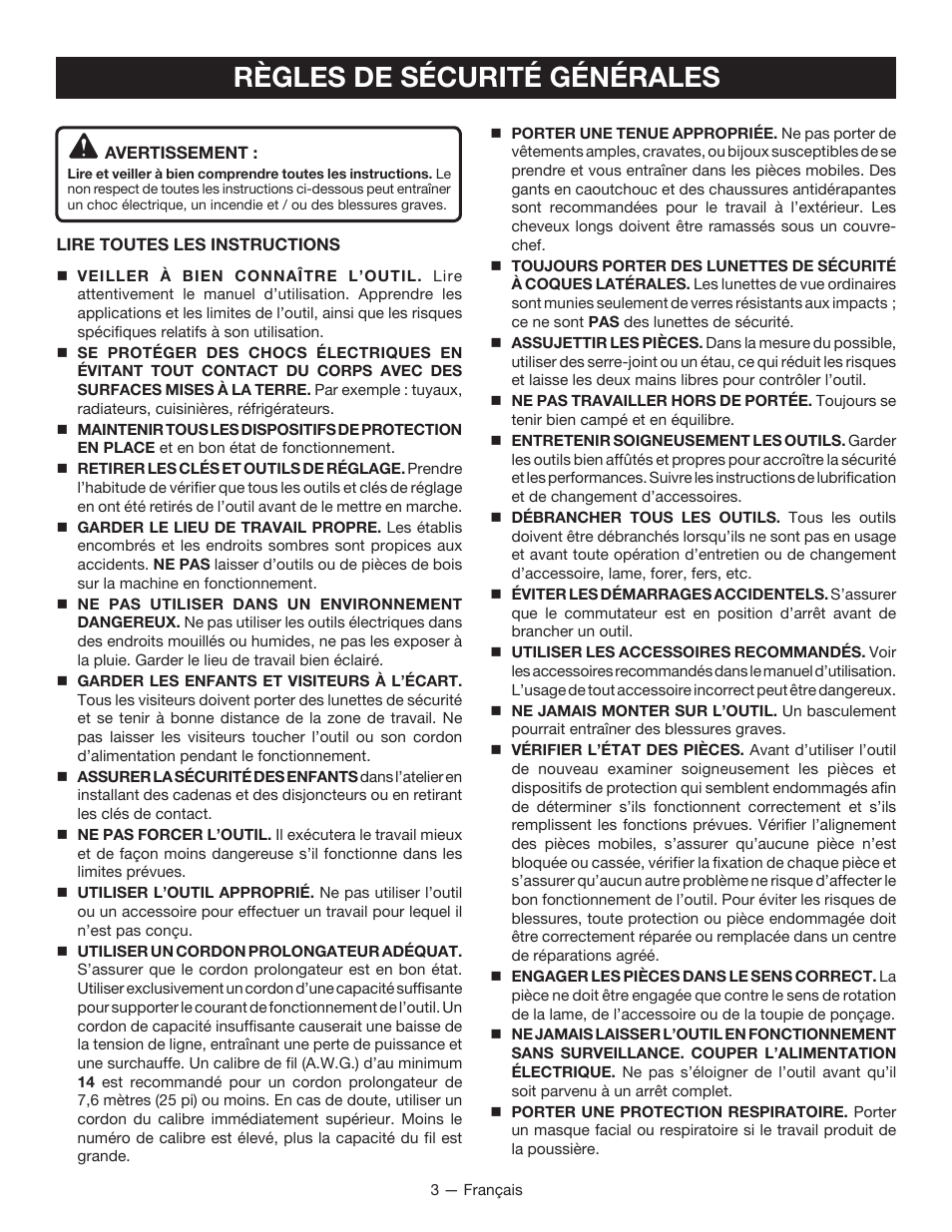 Règles de sécurité générales | Ryobi TSS100L1 User Manual | Page 35 / 100