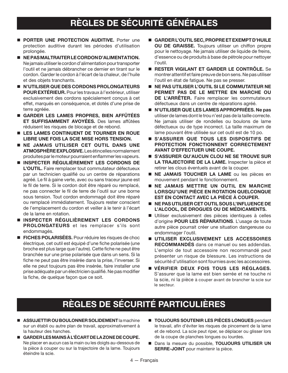 Règles de sécurité générales, Règles de sécurité particulières | Ryobi TSS100L1 User Manual | Page 36 / 100