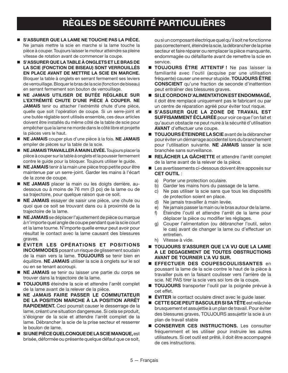 Règles de sécurité particulières | Ryobi TSS100L1 User Manual | Page 37 / 100