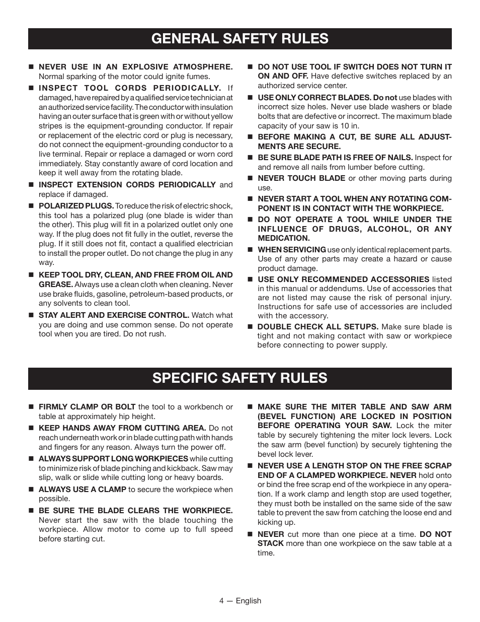 General safety rules, Specific safety rules | Ryobi TSS100L1 User Manual | Page 4 / 100