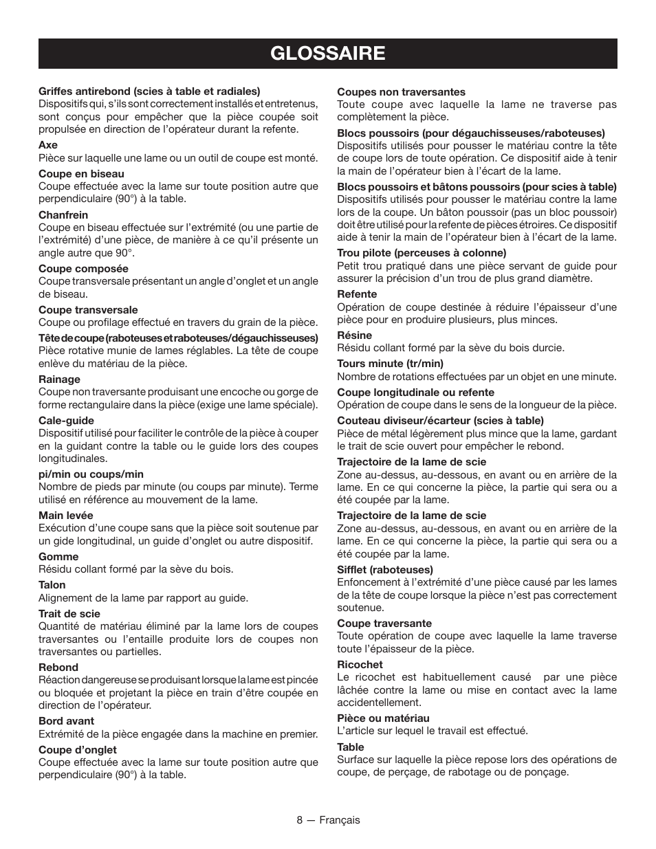 Glossaire | Ryobi TSS100L1 User Manual | Page 40 / 100