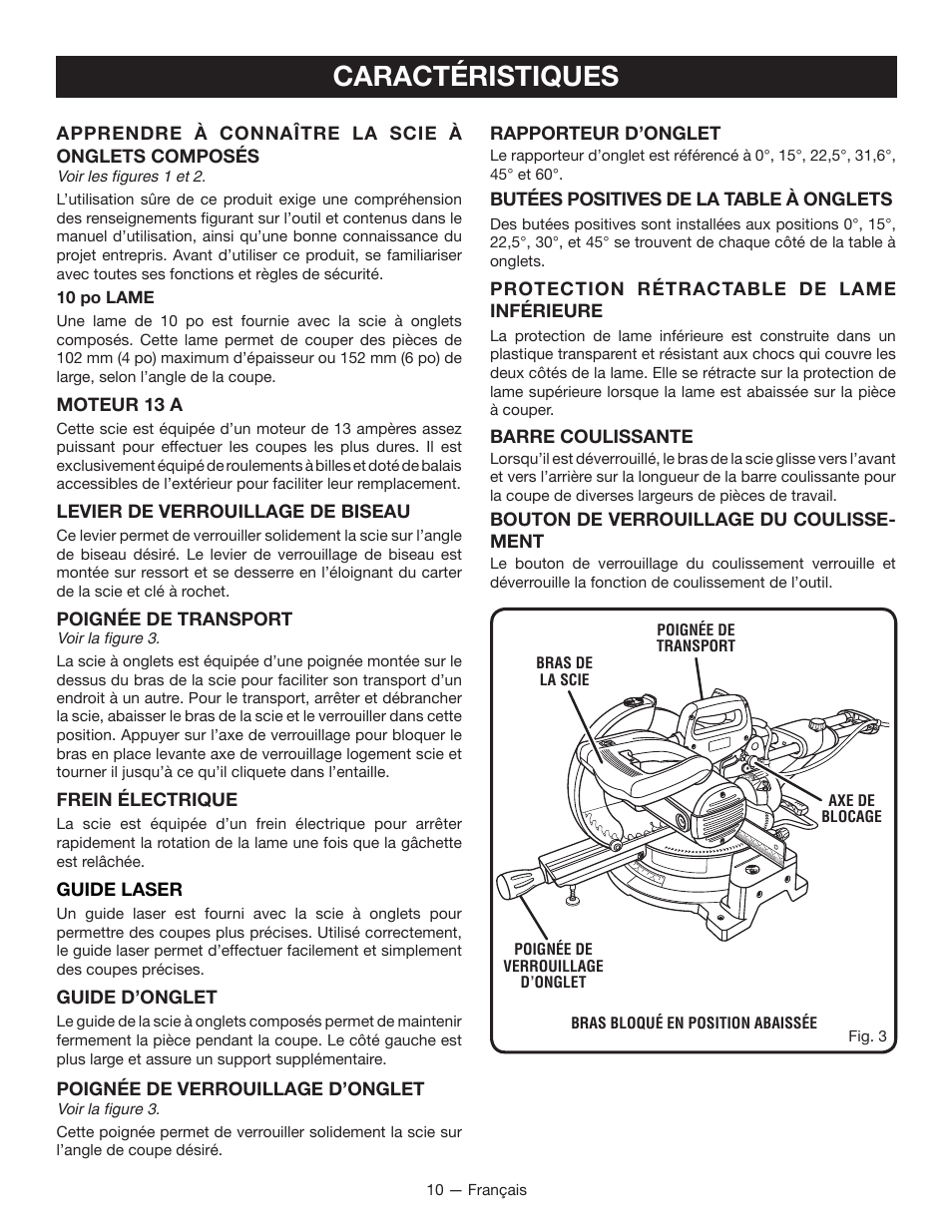 Caractéristiques | Ryobi TSS100L1 User Manual | Page 42 / 100