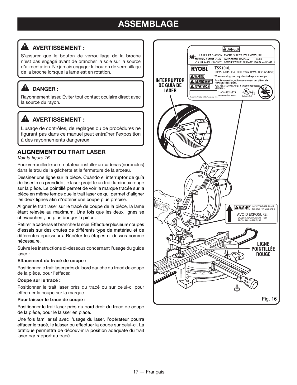Assemblage, Avertissement, Alignement du trait laser | Ryobi TSS100L1 User Manual | Page 49 / 100