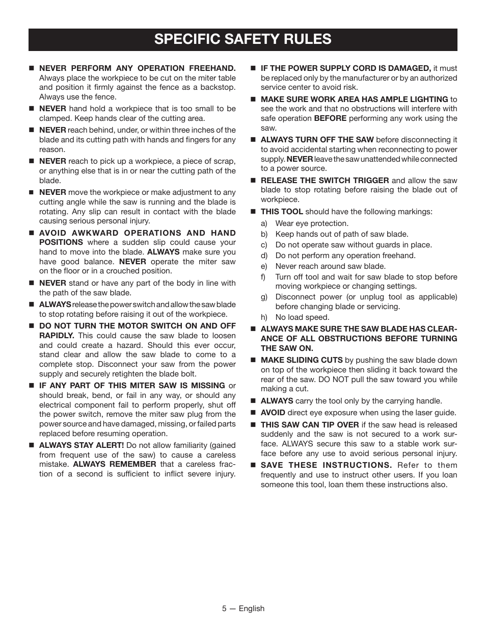 Specific safety rules | Ryobi TSS100L1 User Manual | Page 5 / 100