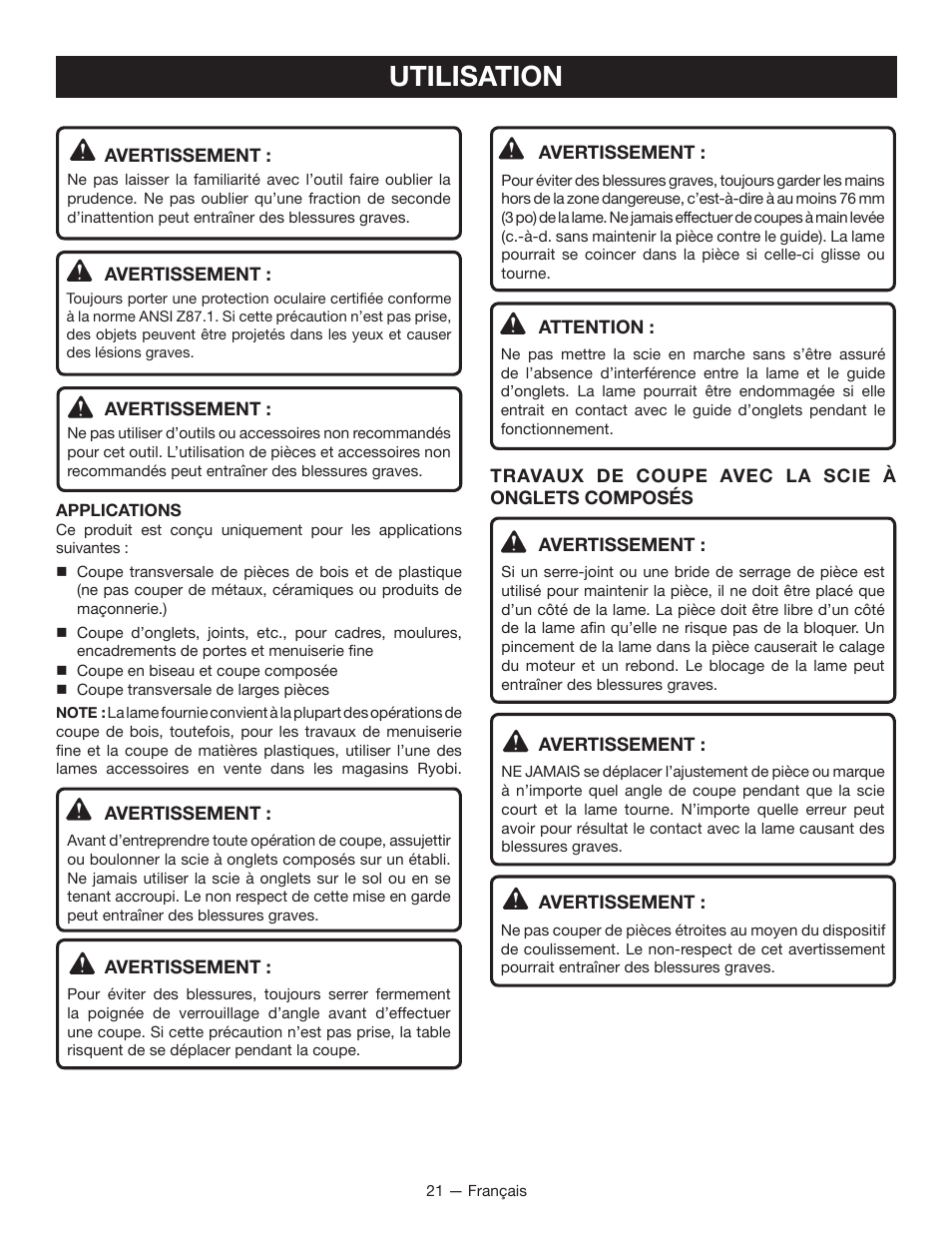 Utilisation | Ryobi TSS100L1 User Manual | Page 53 / 100