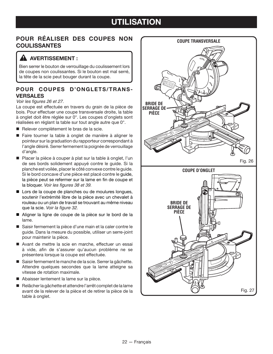 Utilisation, Pour réaliser des coupes non coulissantes | Ryobi TSS100L1 User Manual | Page 54 / 100