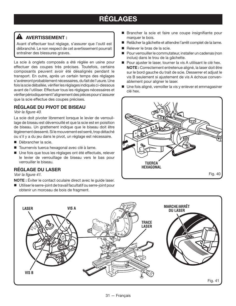 Réglages | Ryobi TSS100L1 User Manual | Page 63 / 100