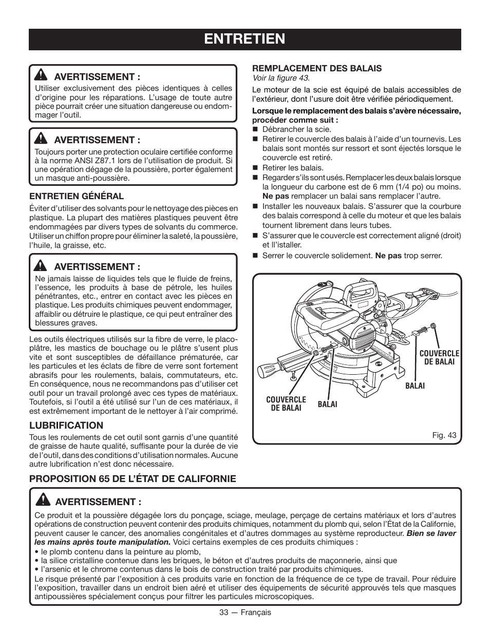Entretien | Ryobi TSS100L1 User Manual | Page 65 / 100