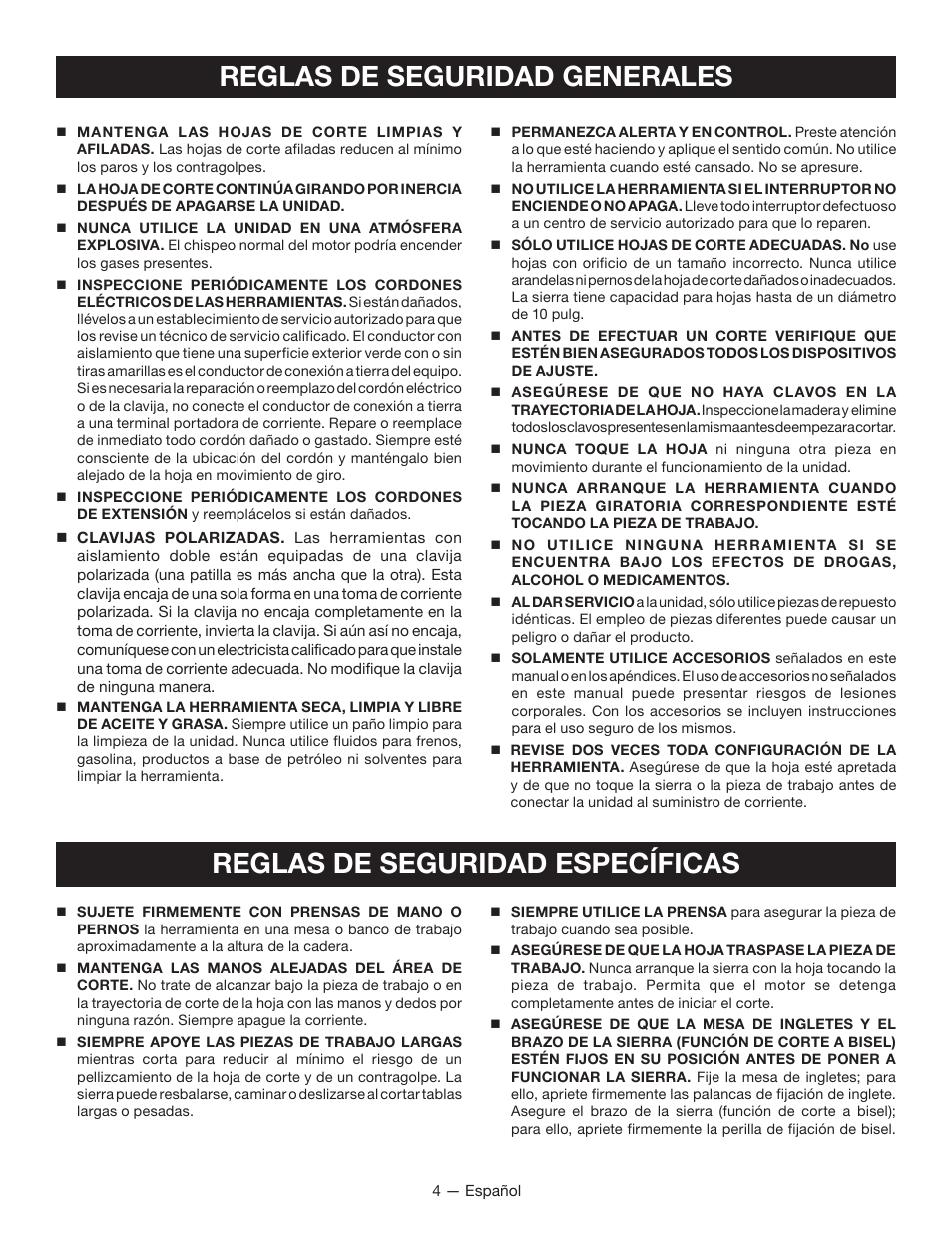 Reglas de seguridad generales, Reglas de seguridad específicas | Ryobi TSS100L1 User Manual | Page 69 / 100
