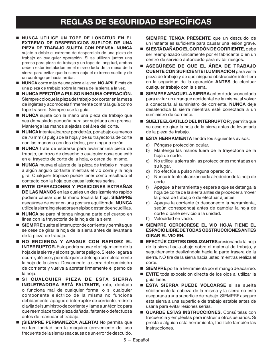 Reglas de seguridad específicas | Ryobi TSS100L1 User Manual | Page 70 / 100