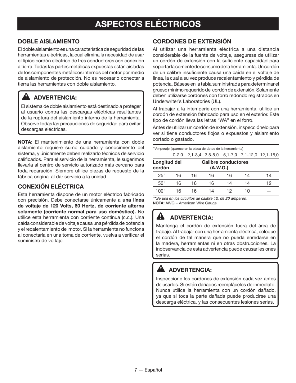 Aspectos eléctricos | Ryobi TSS100L1 User Manual | Page 72 / 100