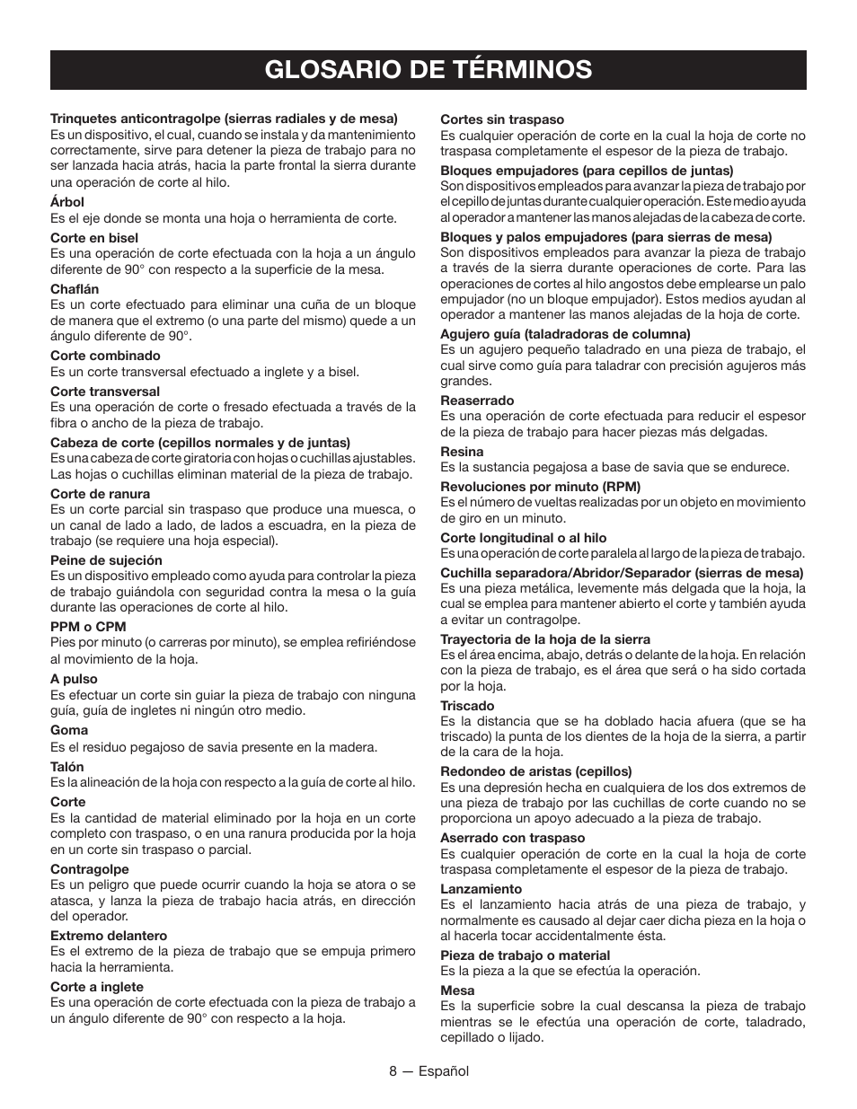Glosario de términos | Ryobi TSS100L1 User Manual | Page 73 / 100