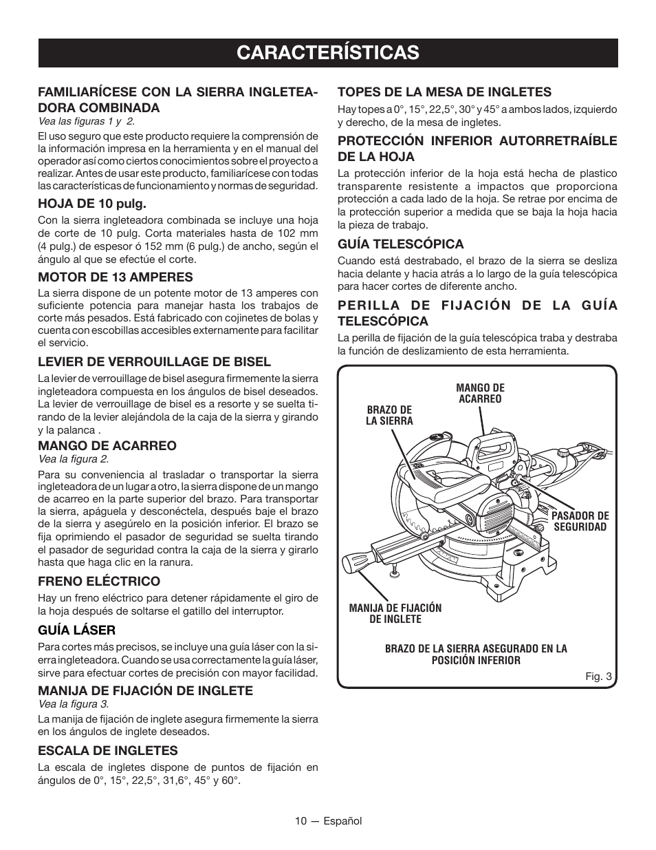 Características | Ryobi TSS100L1 User Manual | Page 75 / 100