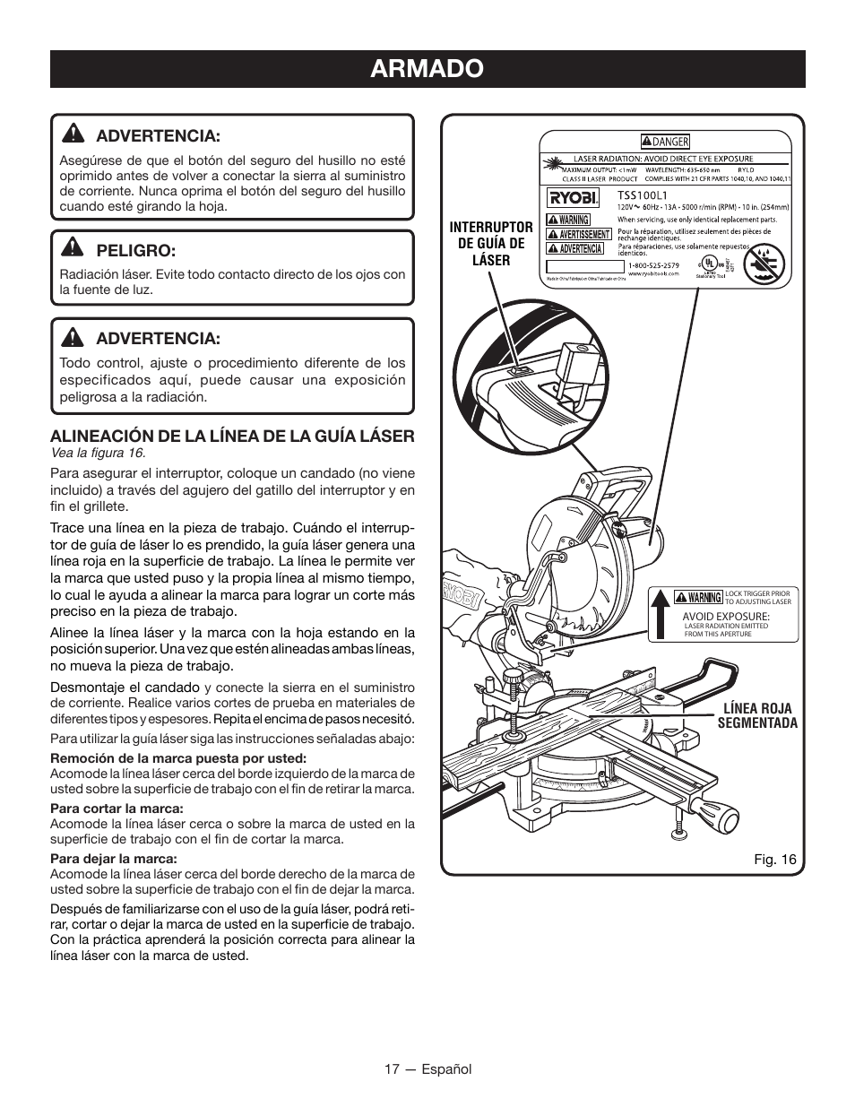 Armado, Advertencia, Peligro | Alineación de la línea de la guía láser | Ryobi TSS100L1 User Manual | Page 82 / 100