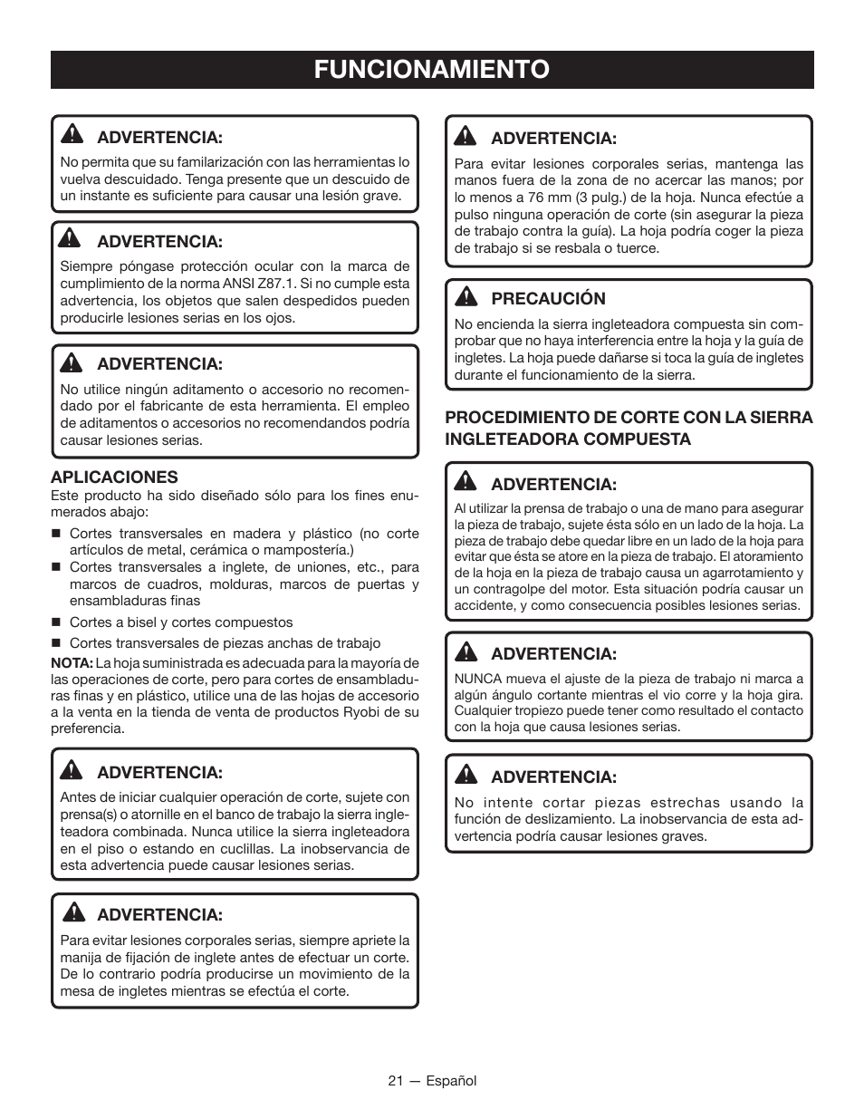 Funcionamiento | Ryobi TSS100L1 User Manual | Page 86 / 100